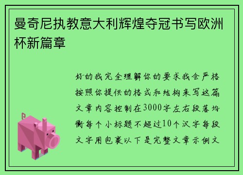 曼奇尼执教意大利辉煌夺冠书写欧洲杯新篇章